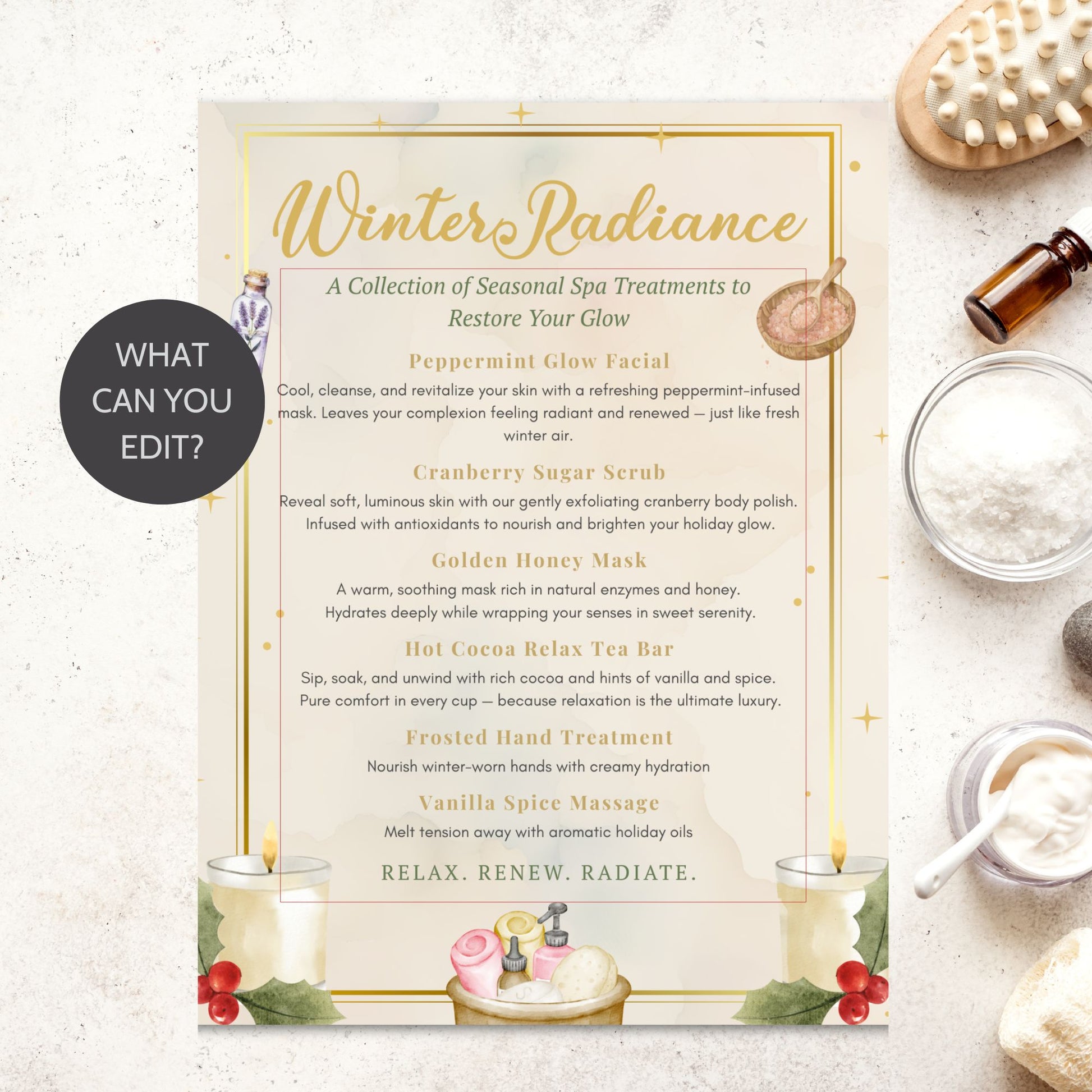 Winter Radiance spa treatment menu with spa items on a textured surface