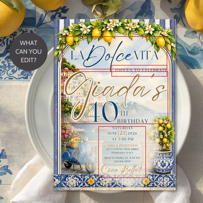 Editable La Dolce Vita party invitation template featuring Amalfi Coast scenery, lemons, blue Italian tiles, Positano coastal artwork, vintage scooter, and elegant Mediterranean typography in blue and gold.