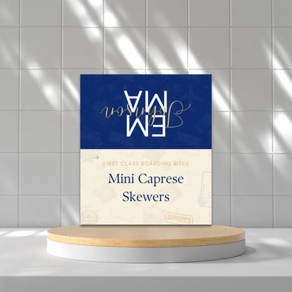 Folded editable graduation place card with navy and gold travel-themed "Passport to the Future" design, reading “Mini Caprese Skewers”