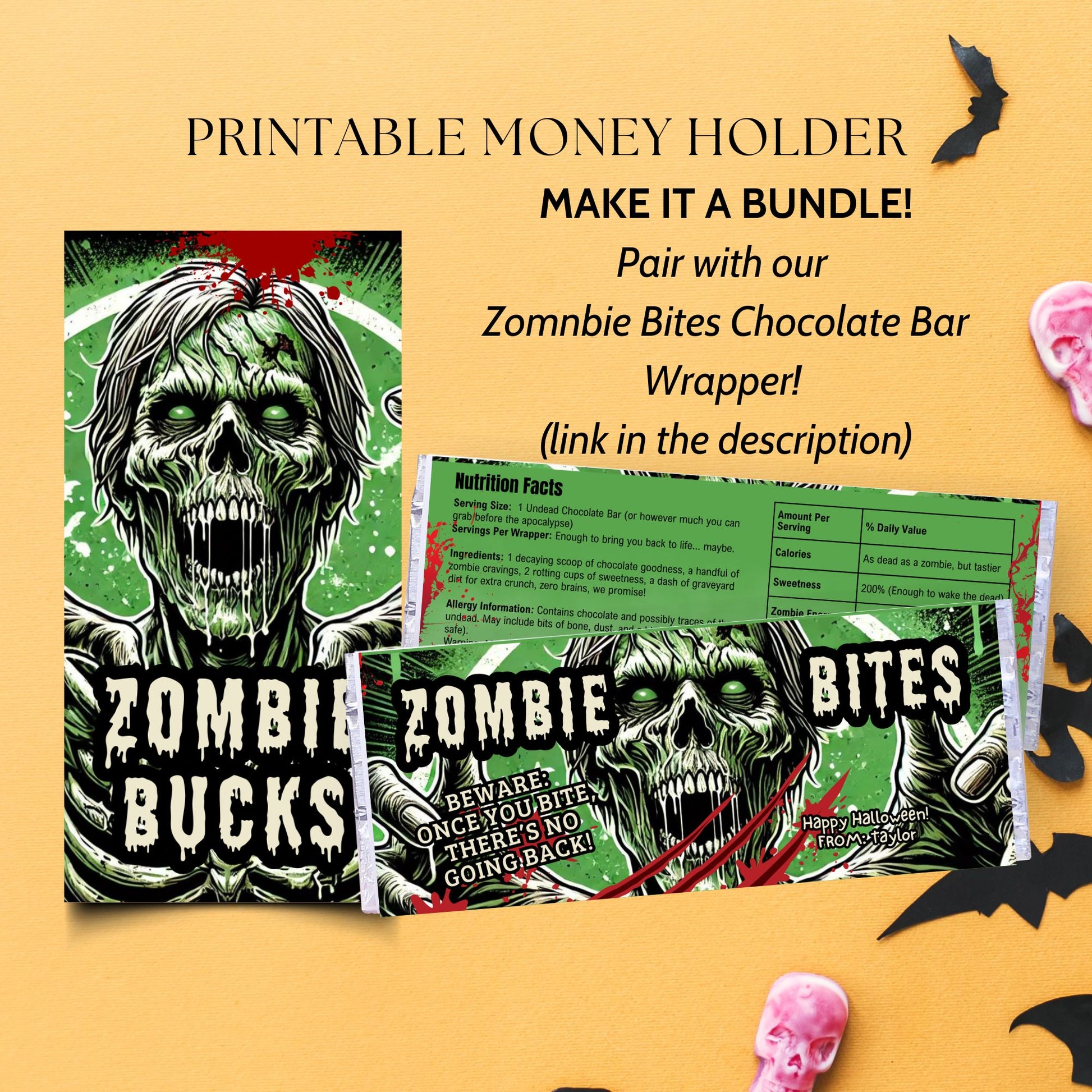 Zombie-themed printable money holder and chocolate bar wrapper on a Halloween-themed background with bats and skull decorations.