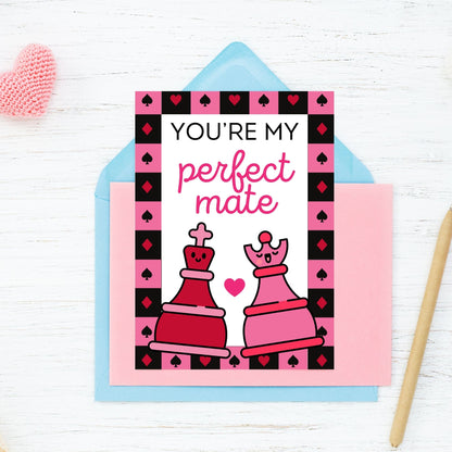 Printable Valentine’s Day Greeting Card featuring the chess-inspired pun “You're My Perfect Mate.” Designed as a 5x7 PDF on an 8.5 x 11 sheet with two cards per page. A witty and romantic Valentine’s card for chess lovers.