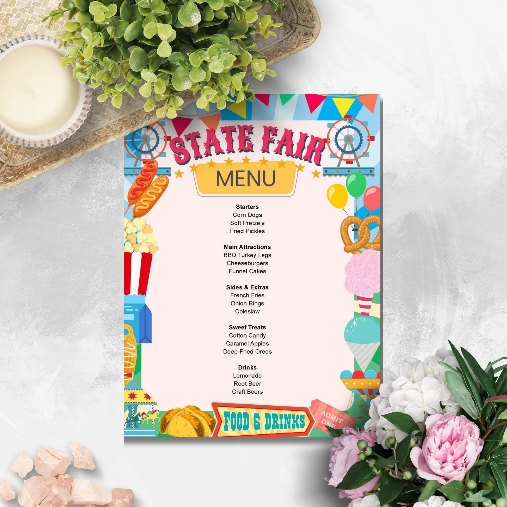 Editable State Fair Menu Template showcasing classic fair food options like corn dogs, funnel cakes, and lemonade, perfect for any carnival, fundraiser, or BBQ event.