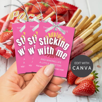 Strawberry Pocky thank you printable gift tags in pink reading “Thanks for Always Sticking With Me and Making Life a Little Sweeter,” 2.5x3.5 inches, 8 per 8.5x11 sheet, editable Canva template included.