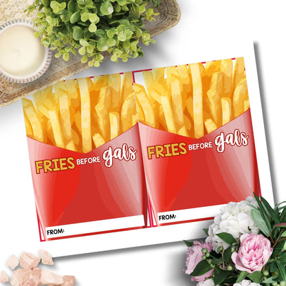 Printable fast food gift card holders for students and anyone, 5x7 inches, laid out on an 8.5 x 11 inch sheet, with a playful "Fries Before Gals" message.