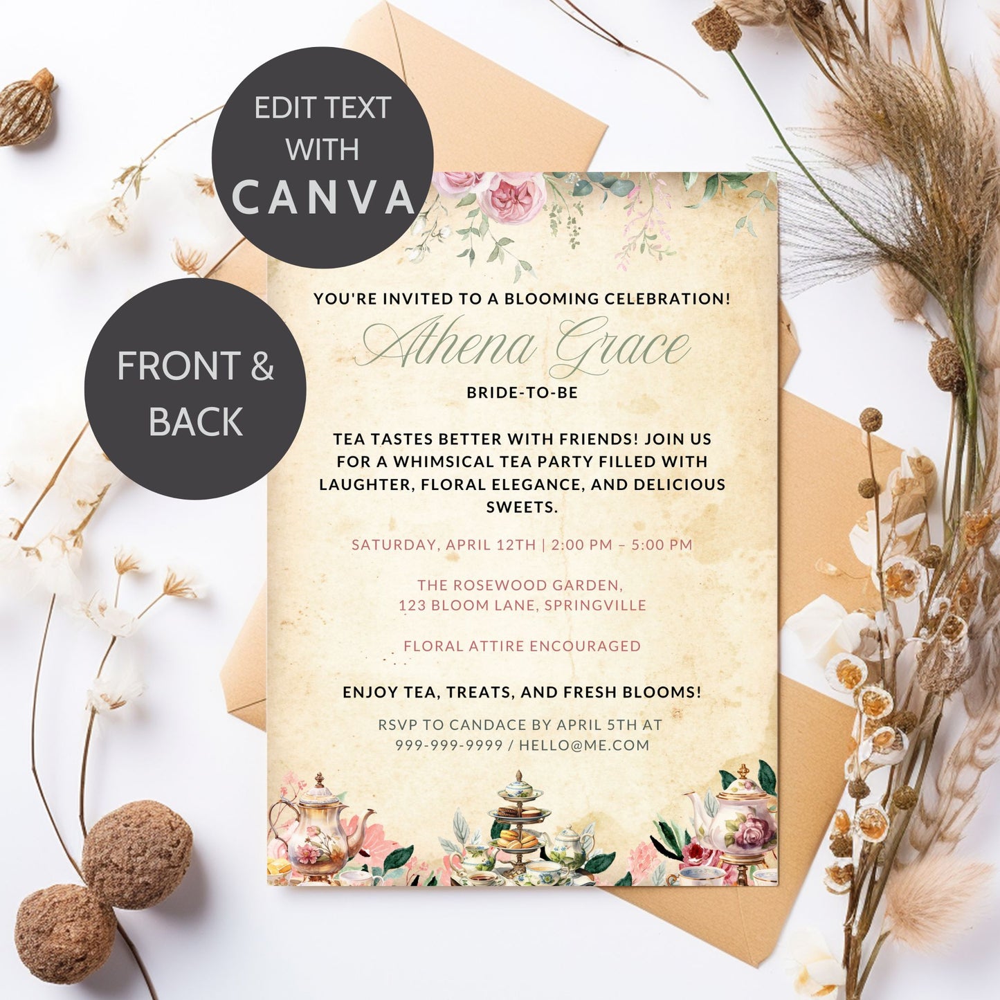 A vintage-inspired botanical tea party invitation featuring a floral watercolor design, antique parchment background, and elegant typography. Double-sided, fixed design with editable text in Canva, ideal for tea parties, bridal showers, and birthdays.