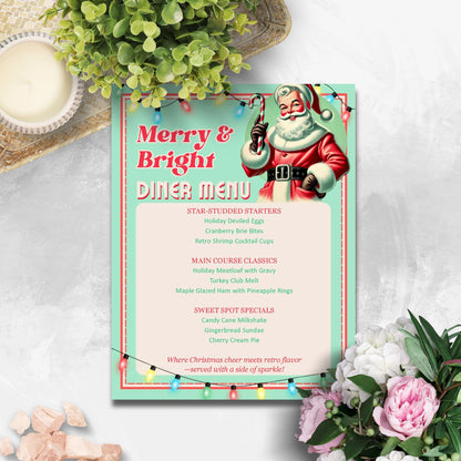 Christmas-themed diner menu with Santa Claus illustration on a light gray background with flowers and a bowl.