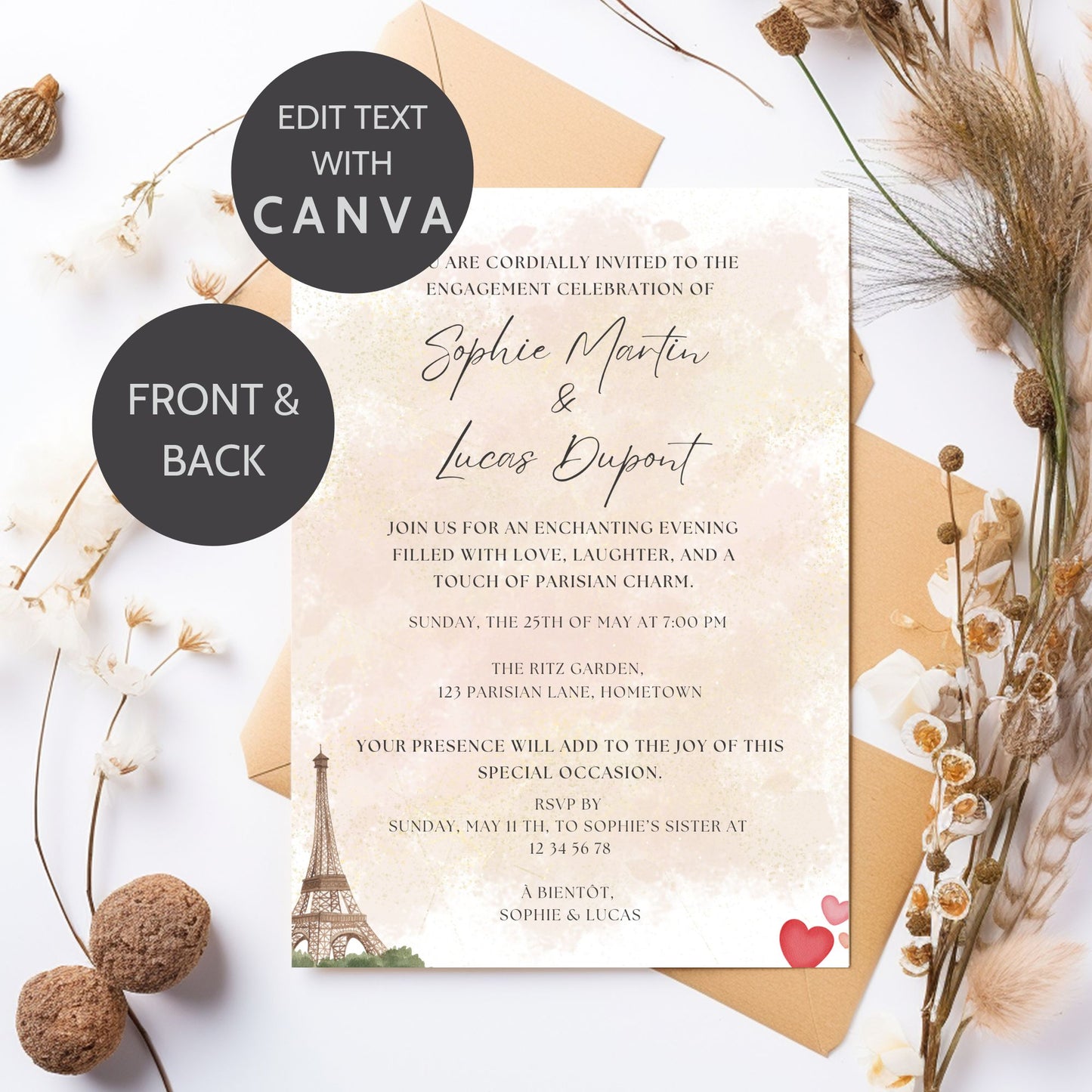 Romantic Paris-themed engagement invitation featuring watercolor Eiffel Tower, couple with heart balloons, and editable text; coordinates with matching 24x36 welcome poster.