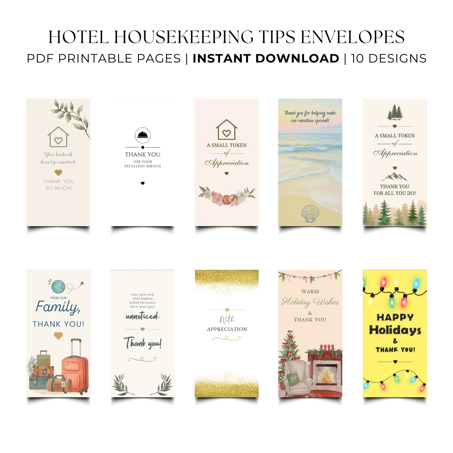 A promotional graphic for a hotel housekeeping tips envelope set, showing 10 different printable envelope designs arranged in a grid with text at the top reading 'HOTEL HOUSEKEEPING TIPS ENVELOPES', 'PDF PRINTABLE PAGES', 'INSTANT DOWNLOAD', and '10 DESIGNS'.
