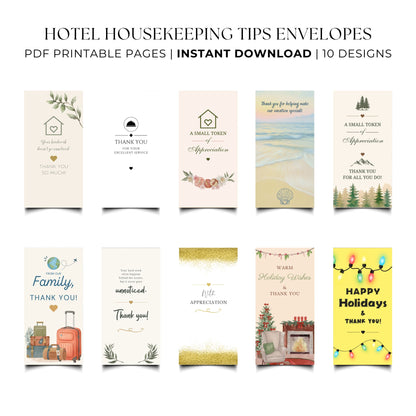 A promotional graphic for a hotel housekeeping tips envelope set, showing 10 different printable envelope designs arranged in a grid with text at the top reading 'HOTEL HOUSEKEEPING TIPS ENVELOPES', 'PDF PRINTABLE PAGES', 'INSTANT DOWNLOAD', and '10 DESIGNS'.