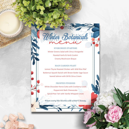 Winter Botanicals menu with floral design on a white surface with flowers and a bowl.