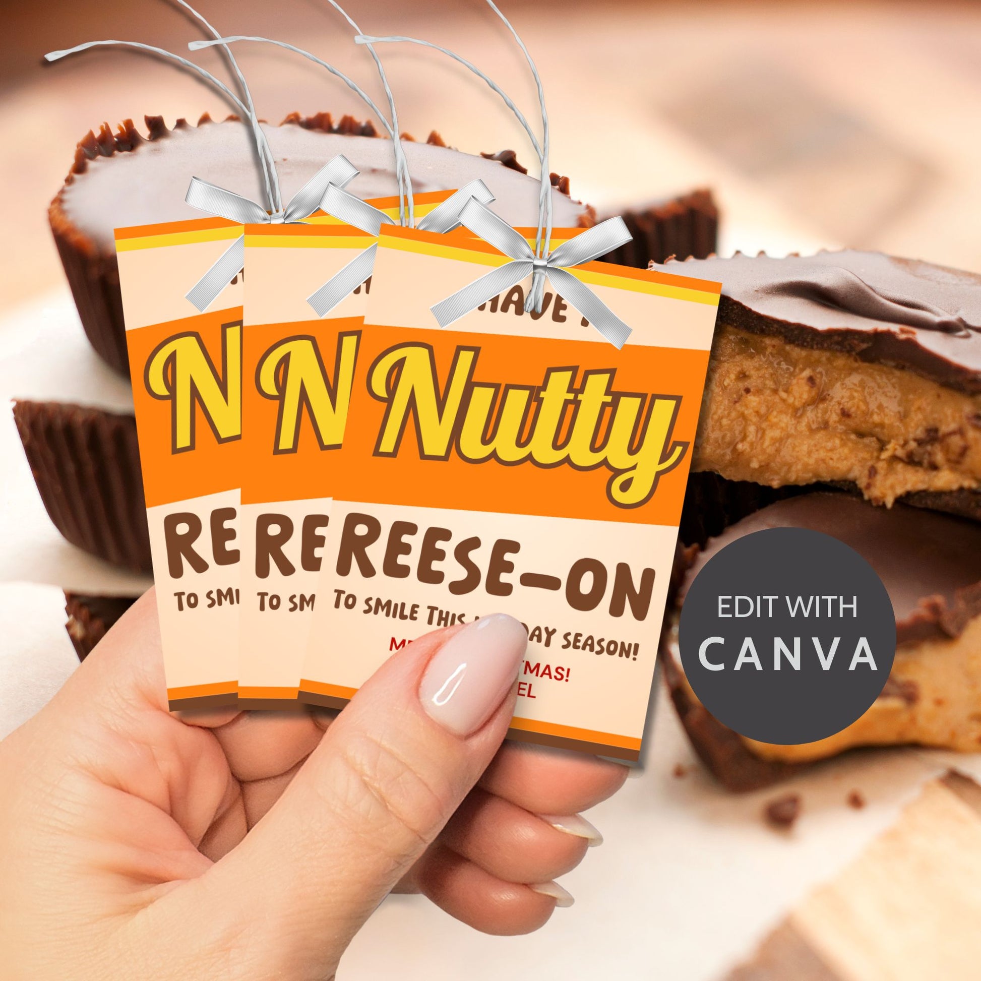 Festive holiday gift tags with a playful "Have a Nutty Reeson to Smile This Holiday Season!" message, perfect for nutty treats or chocolate gifts. Includes printable PDF and editable Canva template.