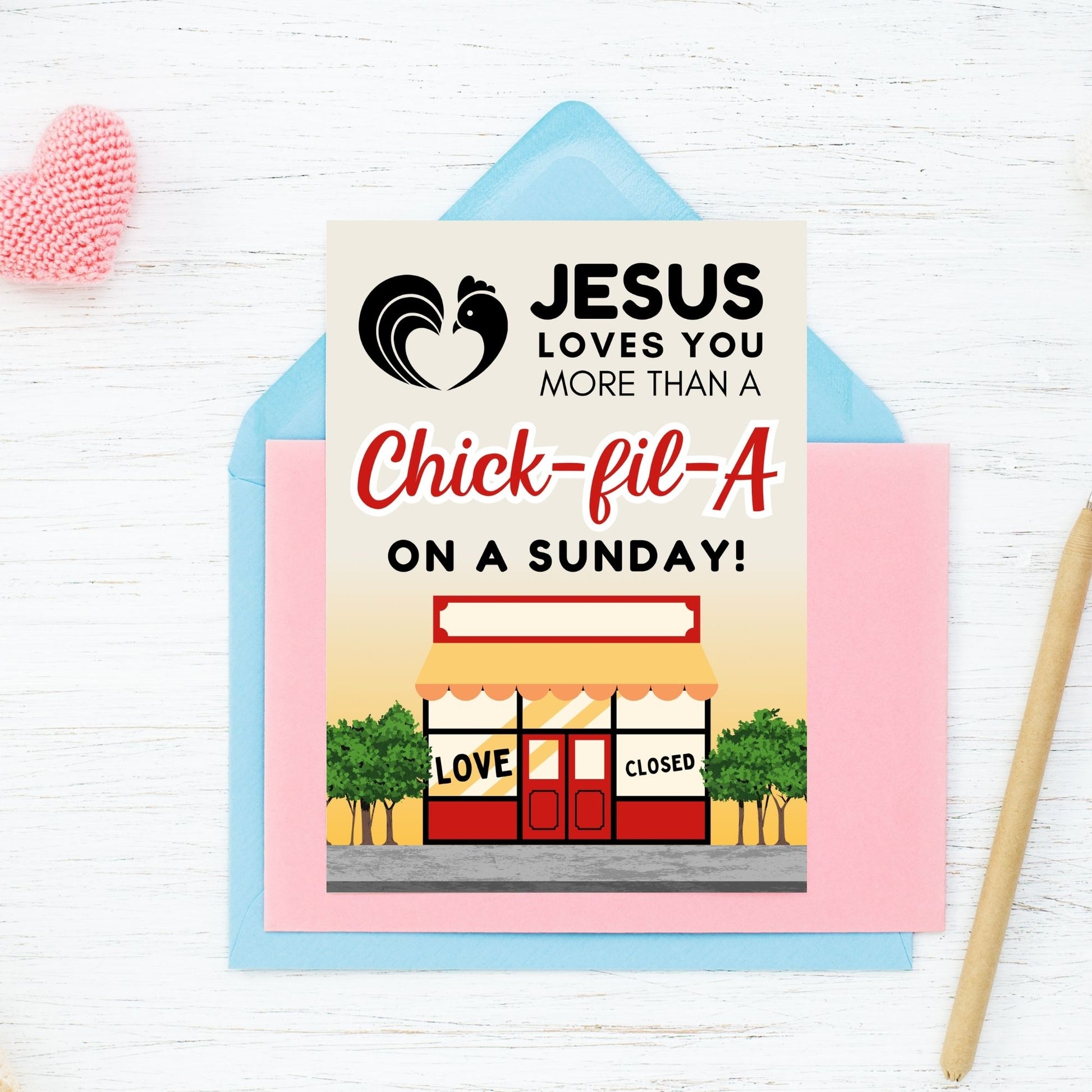 A beautifully designed Christian Valentine’s Day card featuring the phrase "Jesus Loves You More Than a Chick-fil-A on a Sunday." Perfect for church members, pastors, and loved ones who cherish faith-based humor. Instant download printable in 5x7 PDF format.