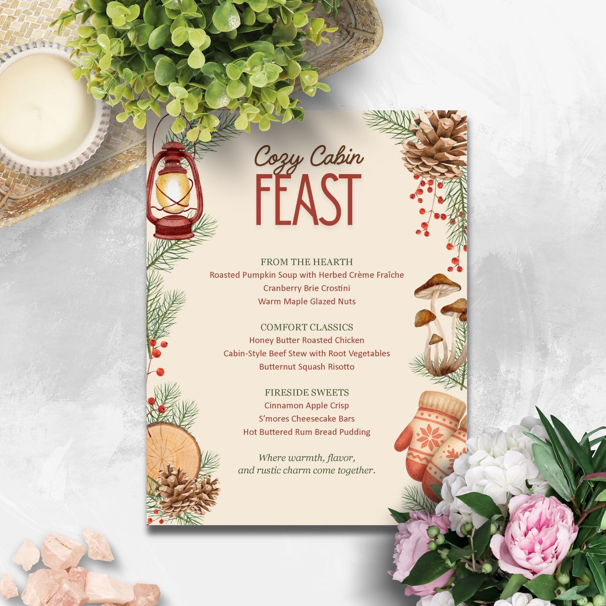 Menu card for 'Cozy Cabin Feast' with winter-themed illustrations on a light background.
