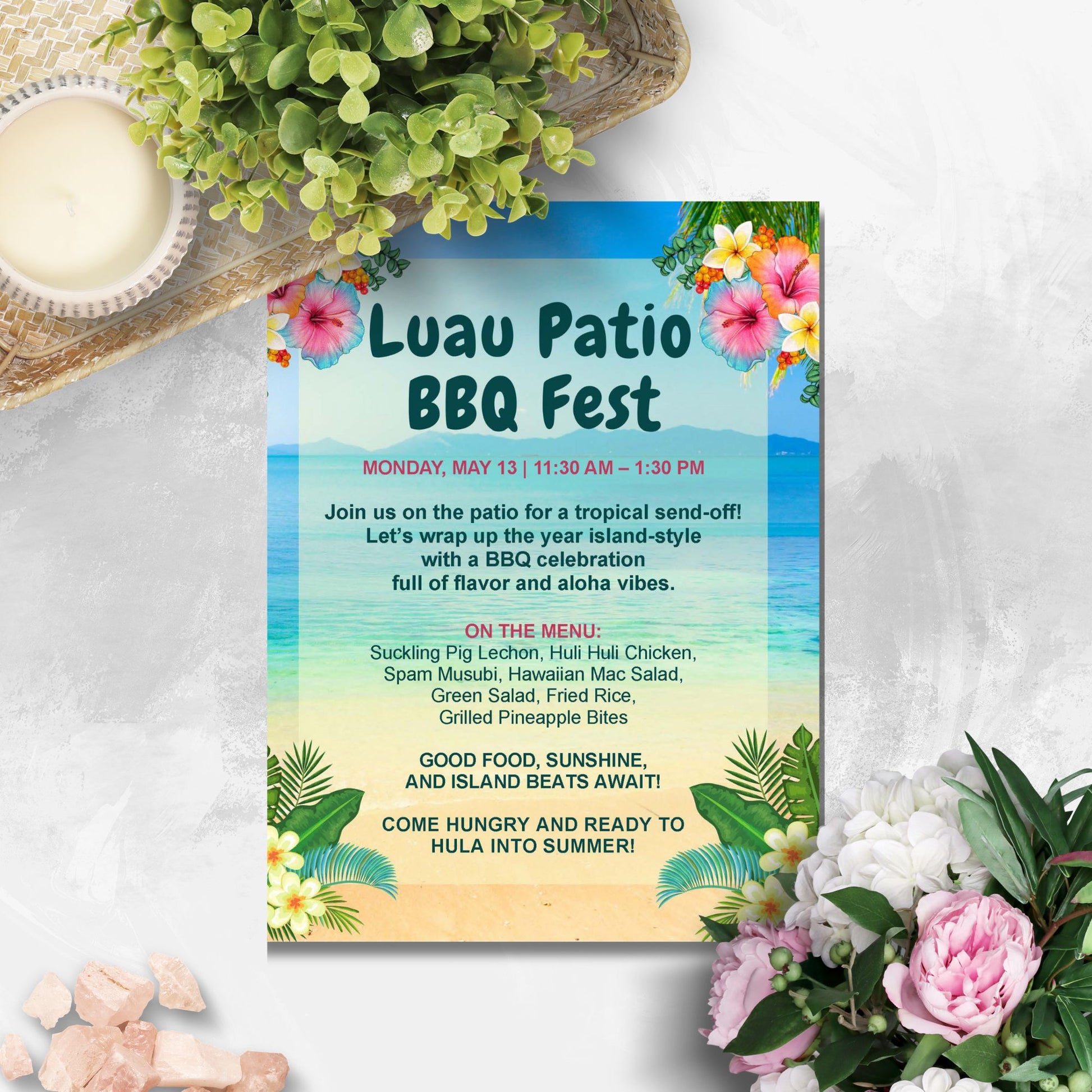 Editable Luau BBQ Fest flyer featuring a tropical beach background, vibrant florals, and customizable text for summer-themed events, school parties, or corporate cookouts.