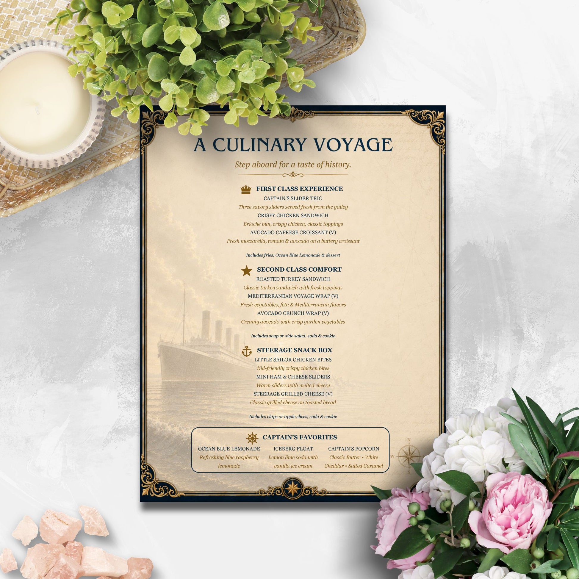 Titanic-inspired editable menu template featuring vintage ocean liner design with First Class Experience, Second Class Comfort, and Steerage Snack Box menu sections in an 8.5 x 11 Word document format.