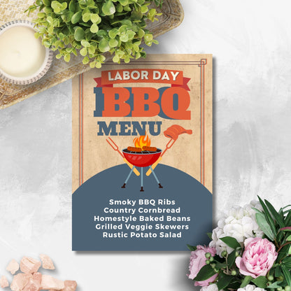 Rustic Labor Day BBQ menu with a vintage design, featuring editable food items like Smoky BBQ Ribs and Country Cornbread