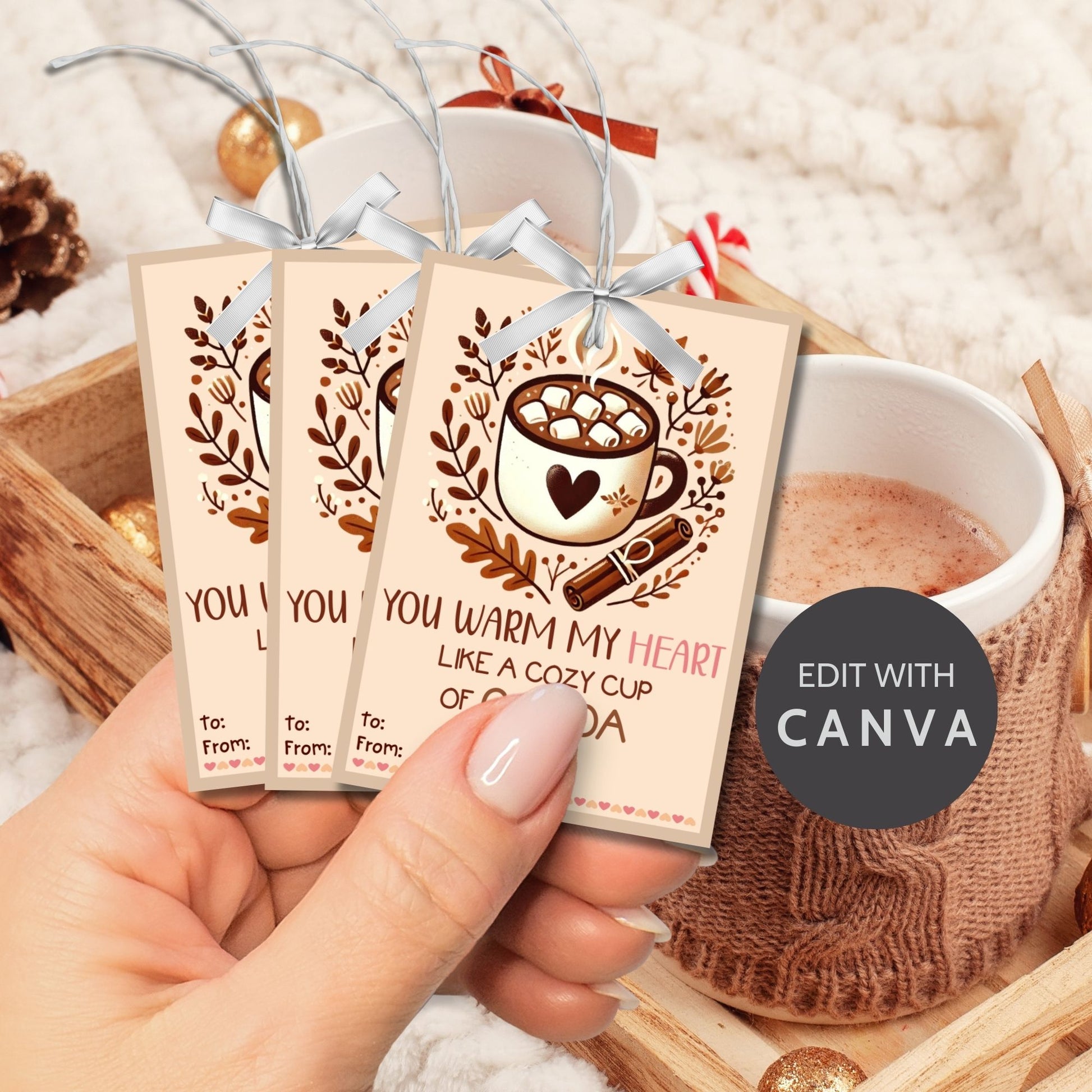 Editable hot cocoa-themed fall gift tags with the message 'You Warm My Heart Like a Cozy Cup of Cocoa' in 2.5 x 3.5 inches, 8 per sheet, available as printable and customizable PDFs.