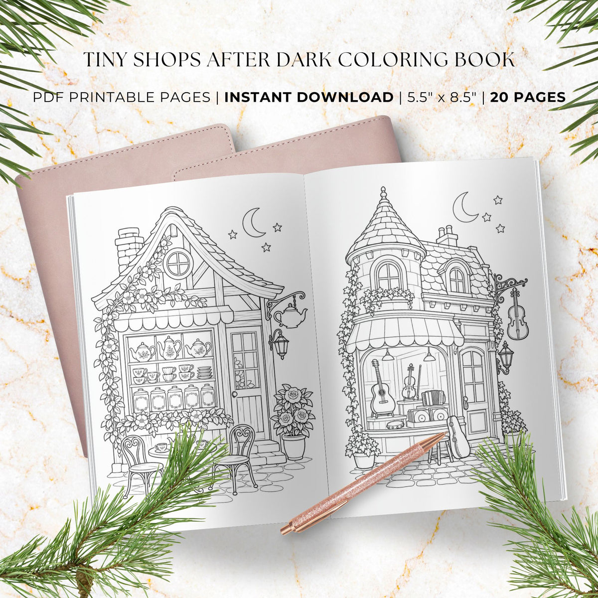 A styled flat-lay of a coloring book cover and an open preview page showing black-and-white shop illustrations, with text reading 'TINY SHOPS AFTER DARK COLORING BOOK' and 'PDF PRINTABLE PAGES | INSTANT DOWNLOAD | 5.5" x 8.