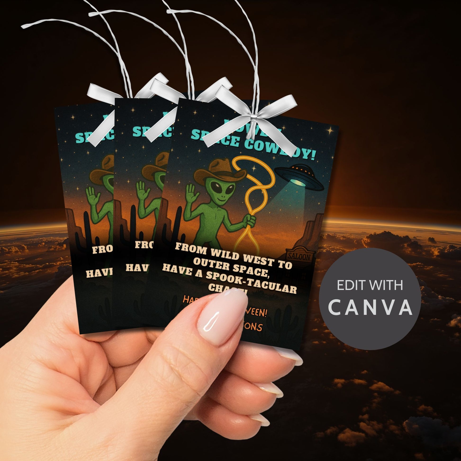Alien holding a lasso on a Wild West Halloween gift tag with stars and space-themed elements, captioned "Howdy, Space Cowboy!"