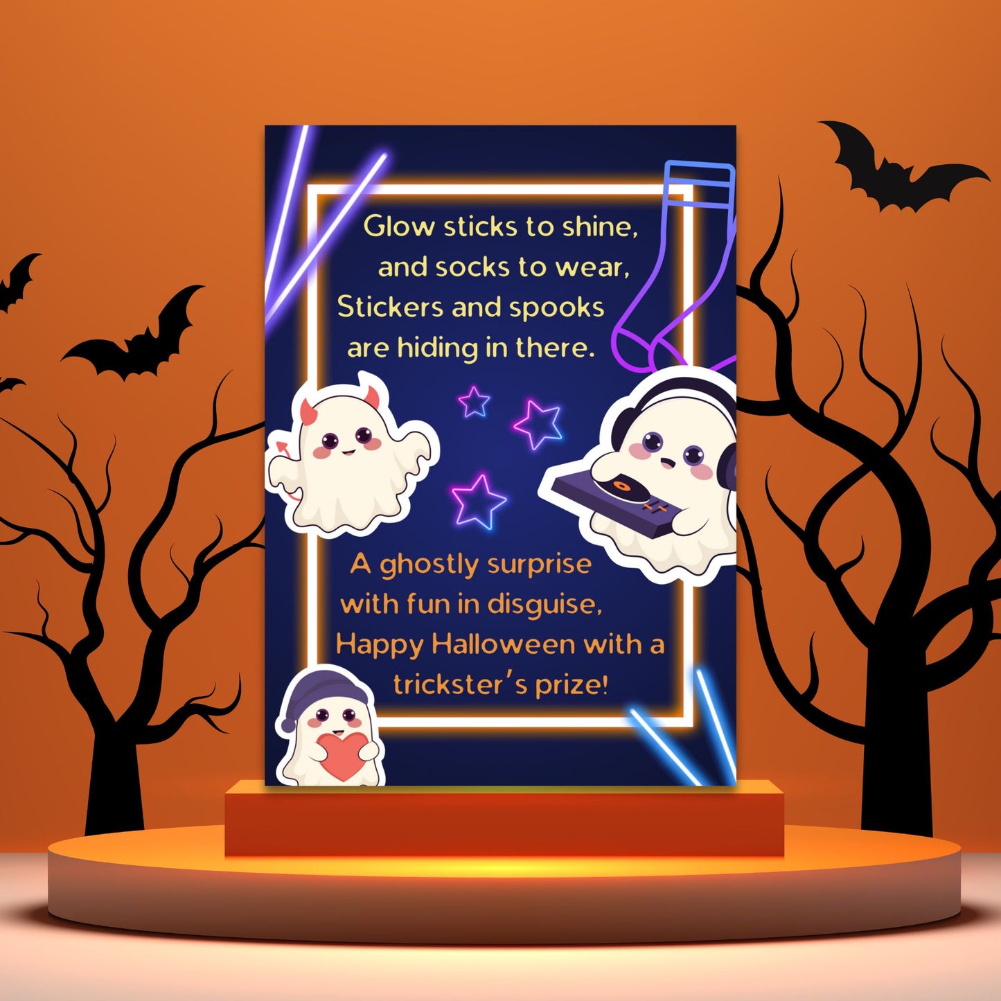 Halloween-themed product packaging with ghost illustrations and text on an orange background.