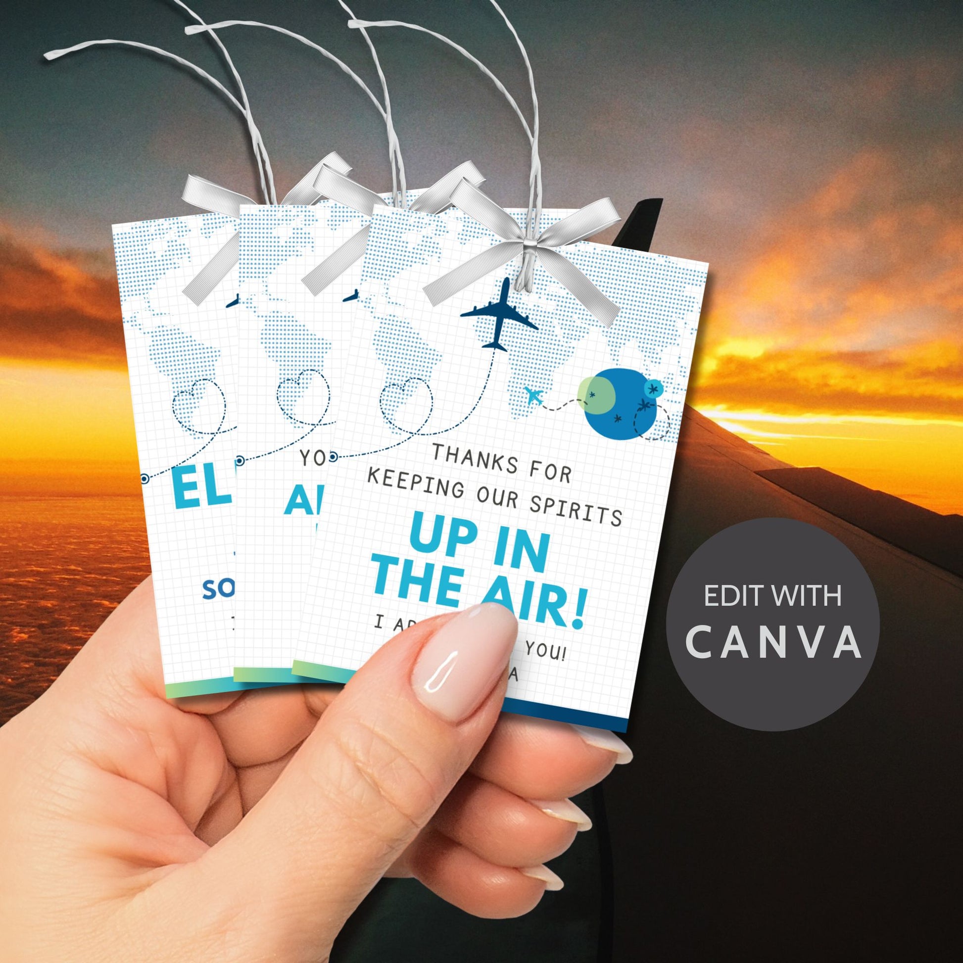 Printable aviation thank you gift tags in cool blue and teal tones with airplane design, created for flight crew appreciation gifts.