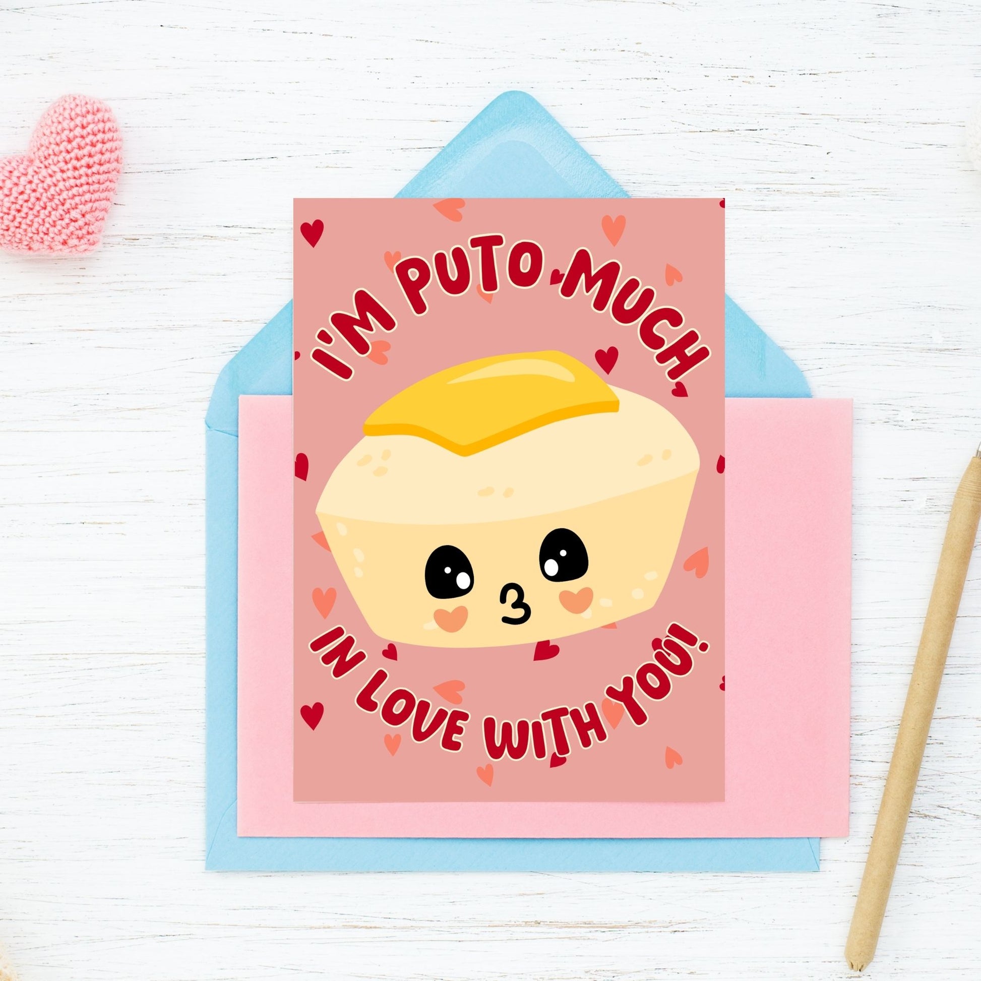 Printable Valentine’s Day card featuring the phrase “I’m Puto Much in Love with You” with a puto-inspired design. Designed as a 5x7 PDF on an 8.5 x 11 sheet with two cards per page. A punny and heartfelt Valentine’s card for Filipino food lovers.