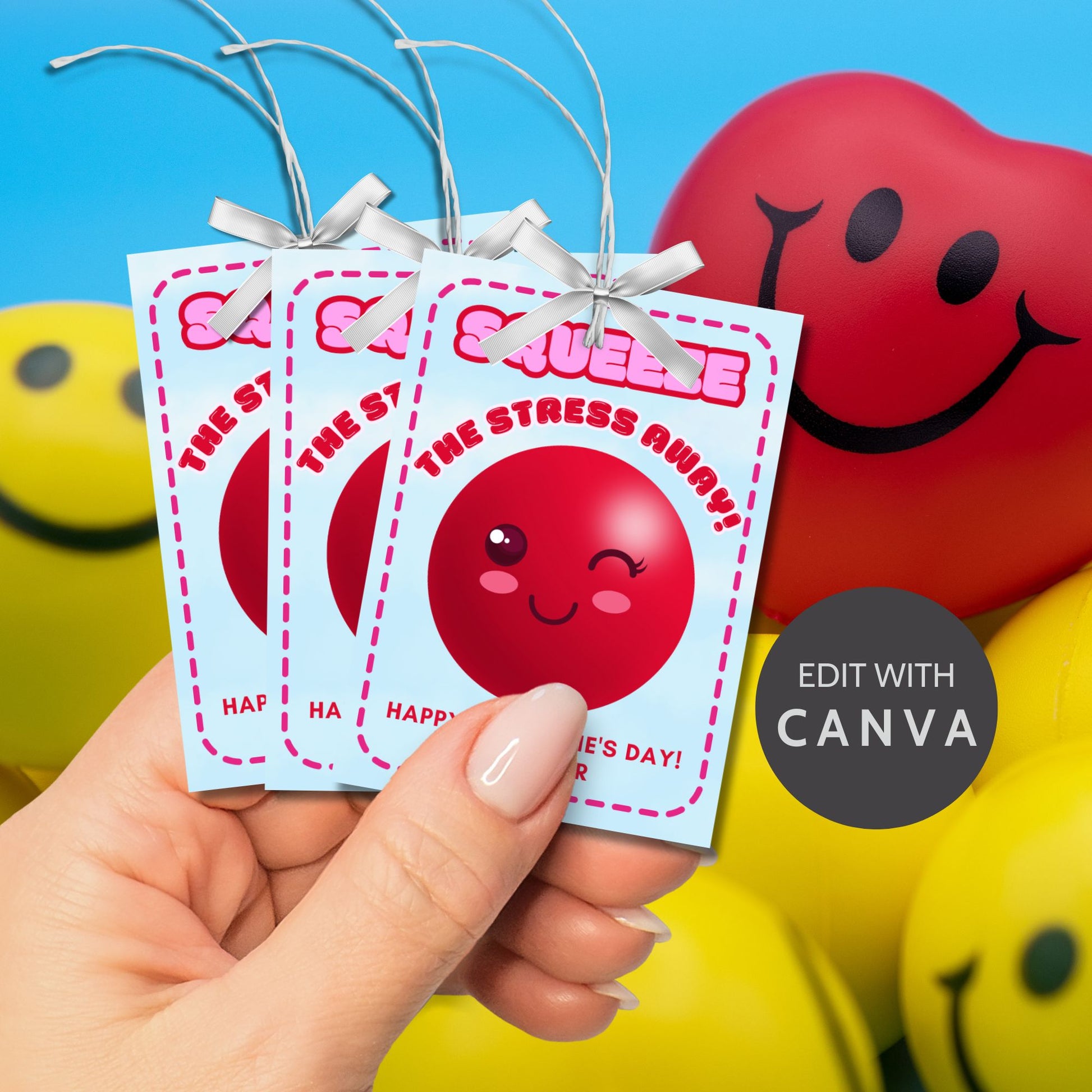 Printable and editable Valentine’s Day gift tags featuring a smiling stress ball with the message "Squeeze the Stress Away!" Perfect for pairing with a stress ball as a thoughtful and fun gift for teachers, employees, students, and coworkers.