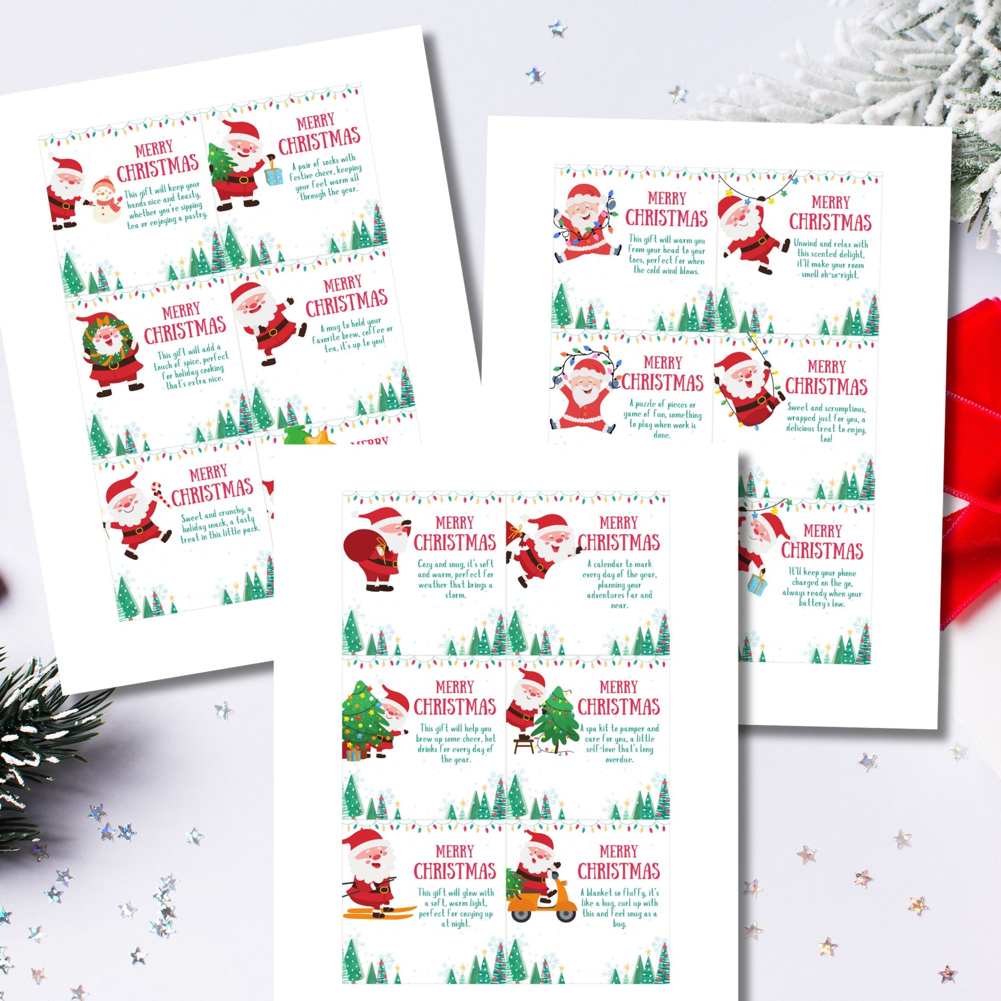 Festive Secret Santa gift tags featuring guessing poem clues, designed to bring fun and excitement to holiday gift exchanges, laid out 6 per sheet on 8.5 x 11 inches.