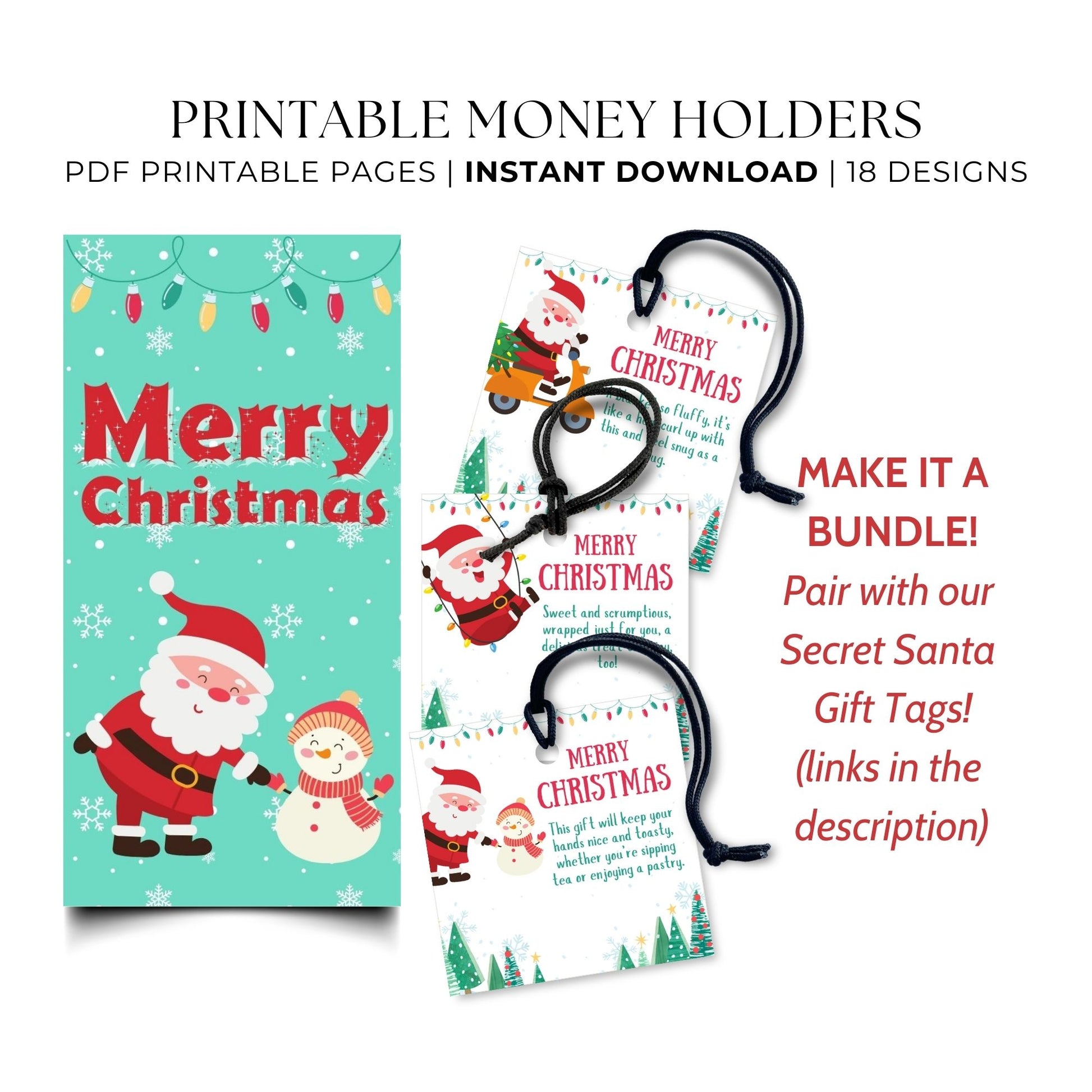 Christmas-themed printable money holders with Santa Claus and snowman designs on a white background.