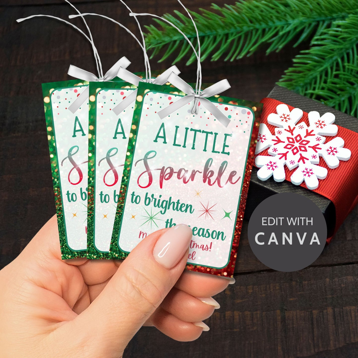 Christmas gift tags featuring the message "A Little Sparkle to Brighten the Season" with festive glitter effects, perfect for jewelry gifts like necklaces, earrings, and rings. These printable and editable tags add an elegant, festive touch to holiday gifts.