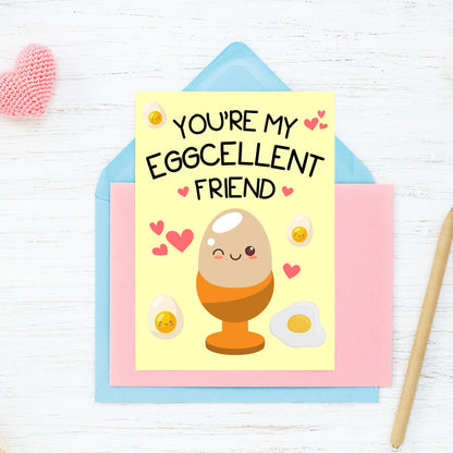 Printable Valentine’s Day Greeting Card featuring the pun “You're My Eggcellent Friend.” Designed as a 5x7 PDF on an 8.5 x 11 sheet with two cards per page. A fun and heartfelt Valentine’s card for friends and food lovers.