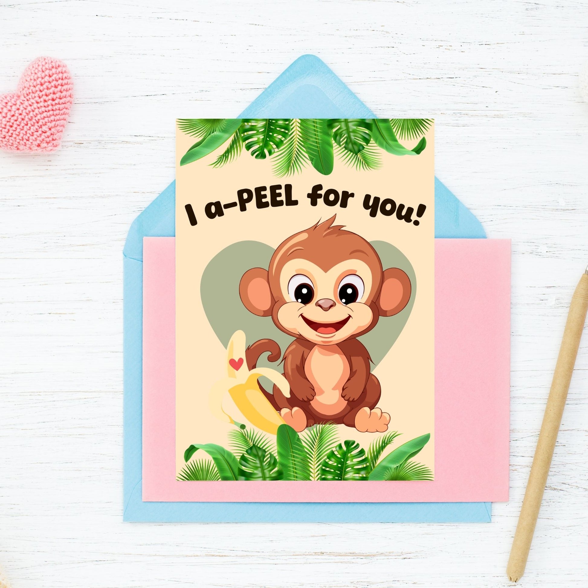 Printable Valentine’s Day Greeting Card featuring the phrase “I Apeel for You” with a banana theme. Designed as a 5x7 PDF on an 8.5 x 11 sheet with two cards per page. A fun and playful Valentine’s card for fruit lovers.