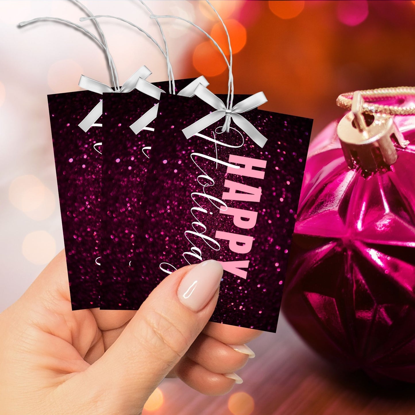 Printable pink and magenta Holiday gift tags featuring a glittery magenta background with light pink "Happy Holidays" text, sized 2.5 x 3.5 inches, 8 tags per sheet.