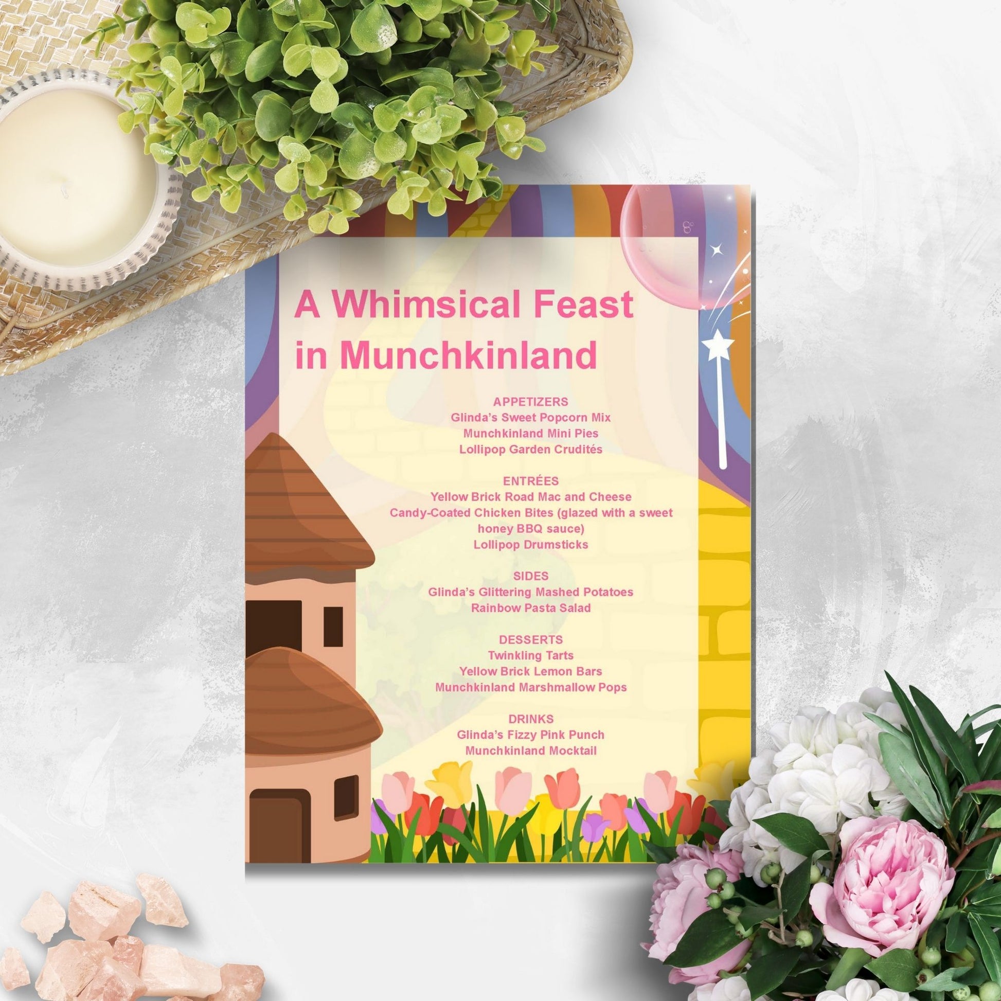 Editable Munchkinland-inspired menu template featuring playful dishes like Glinda's Fizzy Pink Punch and Yellow Brick Road Mac and Cheese, perfect for kid-friendly parties and Wizard of Oz-themed events.