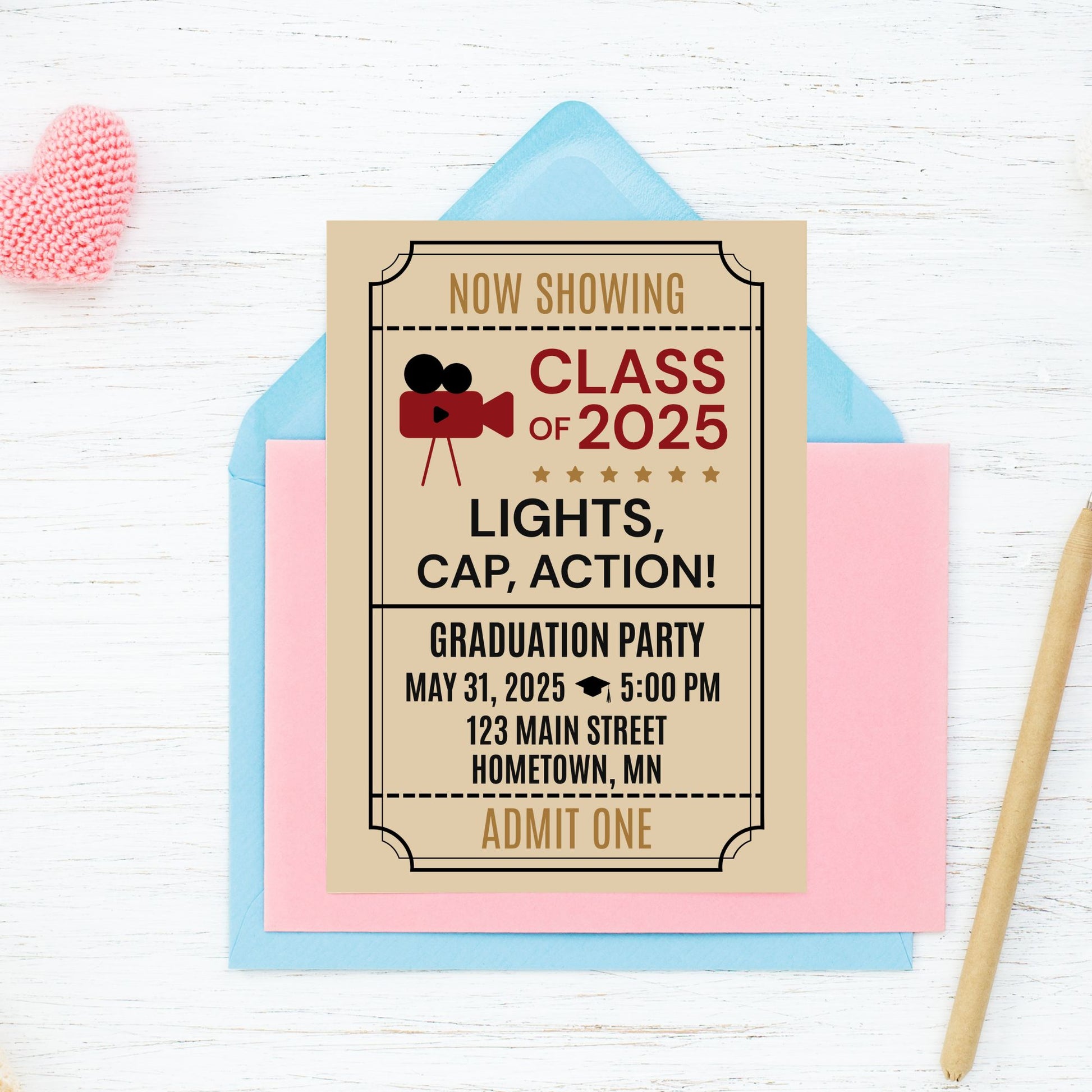 Double-sided Hollywood Walk of Fame-themed graduation invitation with red and gold star design on front and movie ticket-style layout on back. Canva editable 5x7 template.