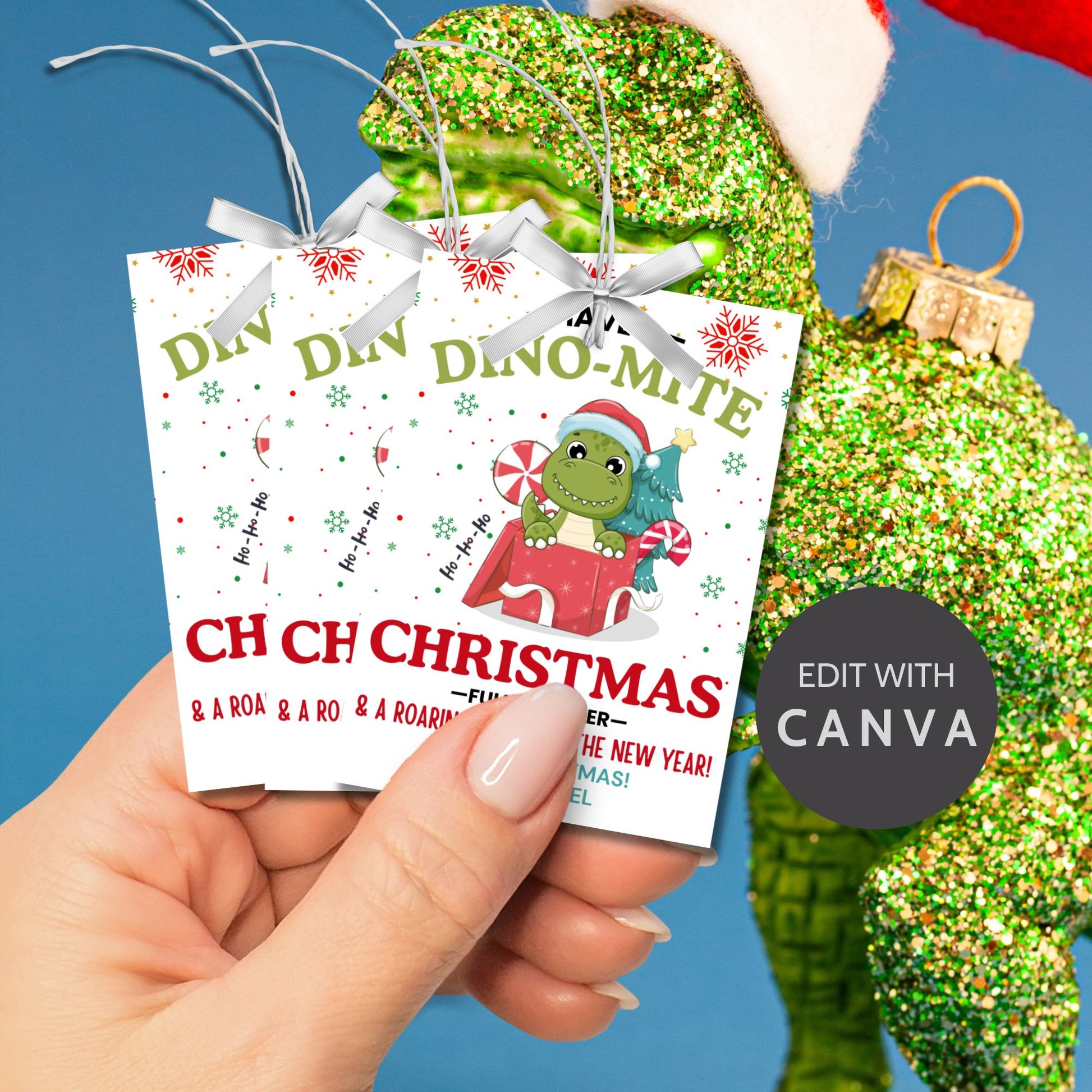 Adorable dinosaur-themed Christmas gift tags featuring a festive green dino in a Santa hat and the message 'Have a Dino-Mite Christmas full of cheer & a roaring start to the New Year!' Perfect for adding a playful touch to holiday gifts.