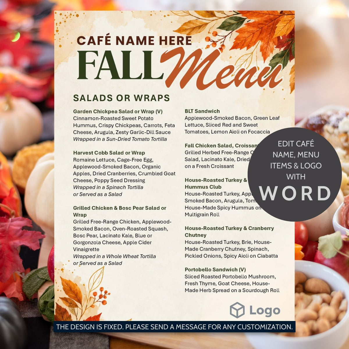 Editable Fall Menu Template featuring warm autumn leaves, seasonal watercolor accents, customizable menu text, café name, and logo placeholder.