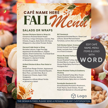 Editable Fall Menu Template featuring warm autumn leaves, seasonal watercolor accents, customizable menu text, café name, and logo placeholder.
