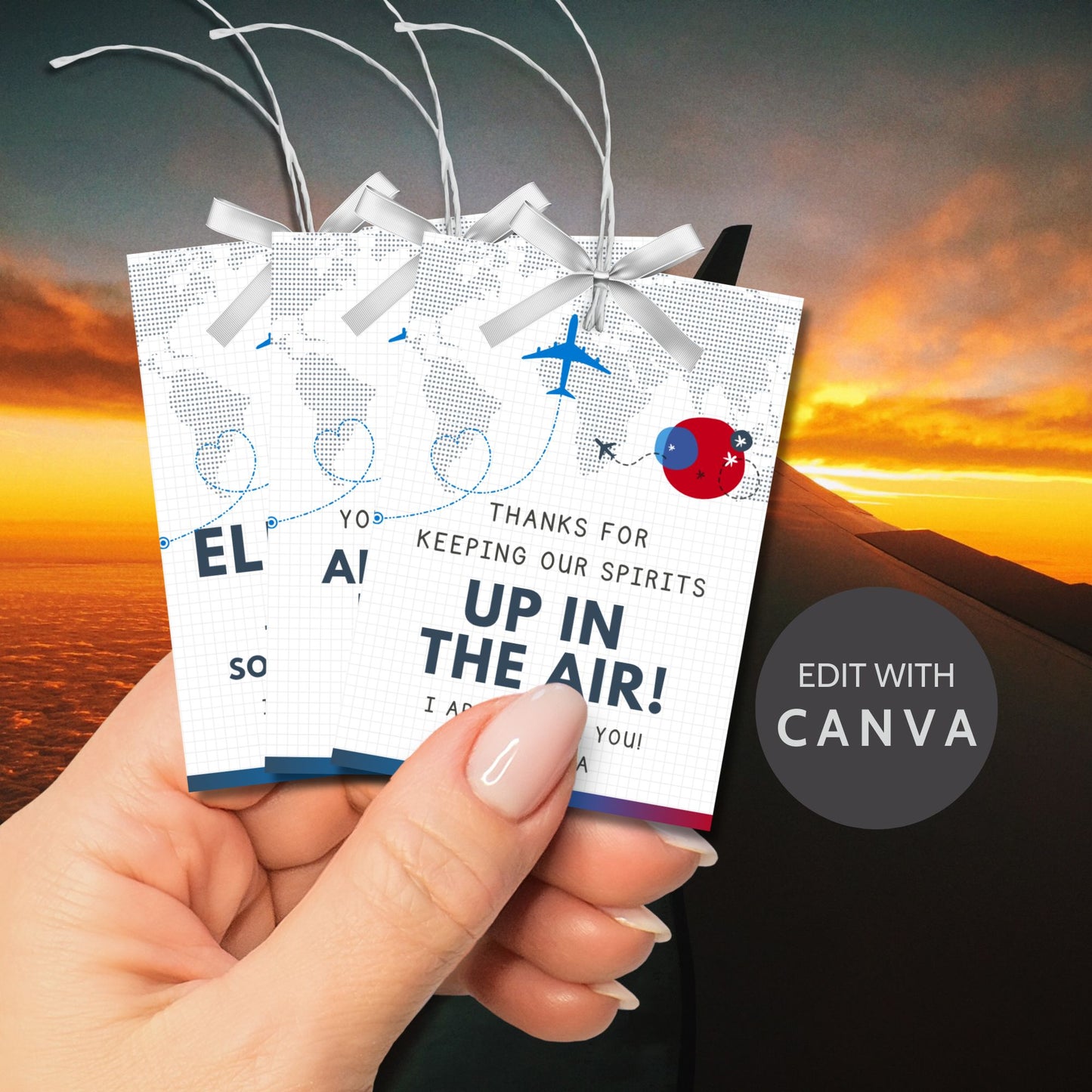 Printable aviation thank you gift tags in red, white, and blue colors with airplane design, ideal for flight crew appreciation gifts.