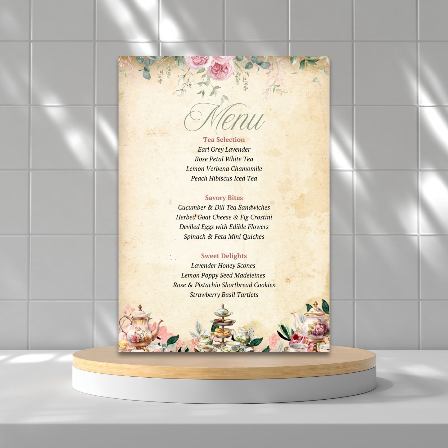 A vintage-inspired botanical tea party menu featuring elegant floral illustrations, antique parchment textures, and refined typography. 5x7-inch, fixed design with editable text in Canva, perfect for bridal showers, afternoon teas, and garden parties.