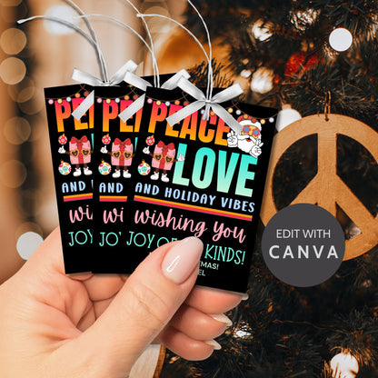 Colorful hippie-themed holiday gift tags with bold retro fonts, peace and love design elements, and Santa Claus in groovy style.