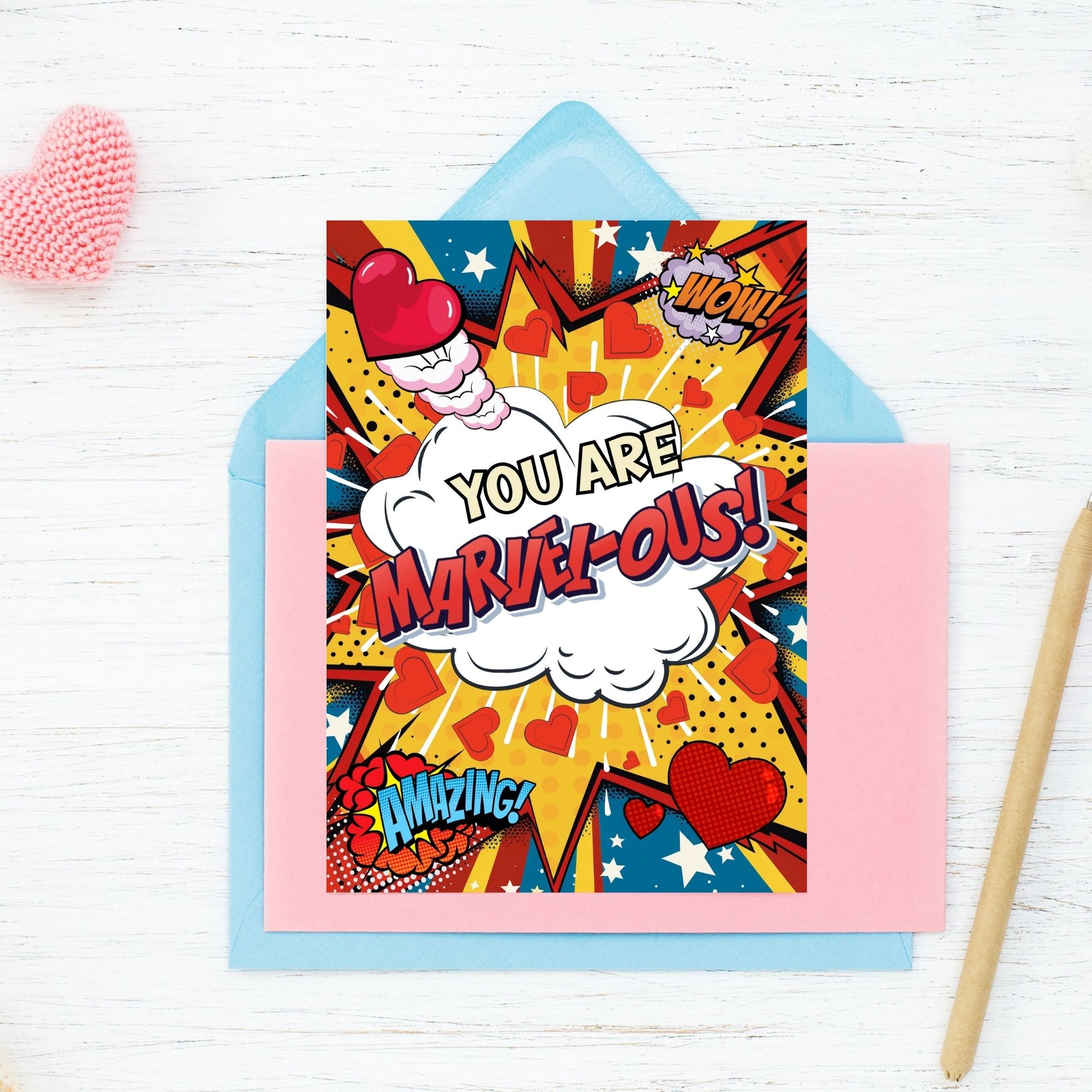 Printable Valentine’s Day Greeting Card featuring the superhero-inspired phrase “You Are MARVELous.” Designed as a 5x7 PDF on an 8.5 x 11 sheet with two cards per page. A bold and fun Valentine’s card for Marvel fans and comic lovers.