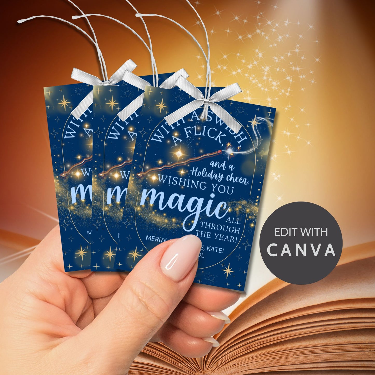 Harry Potter-inspired holiday gift tags featuring a wand, swirling gold magic, and starry background with the message 'With a Swish & Flick and Holiday Cheer, Wishing You Magic All Through the Year.'