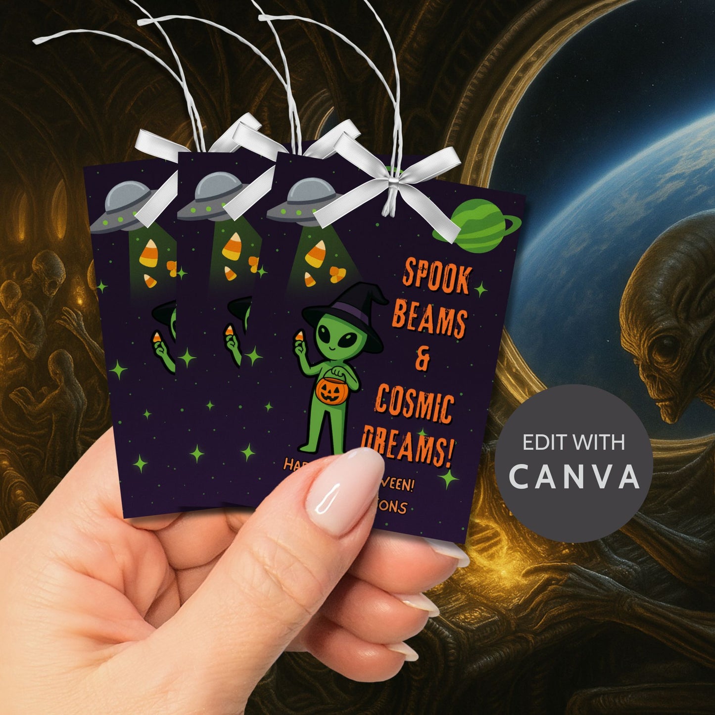 Halloween-themed gift tag with alien design held by a hand against a space-themed background.