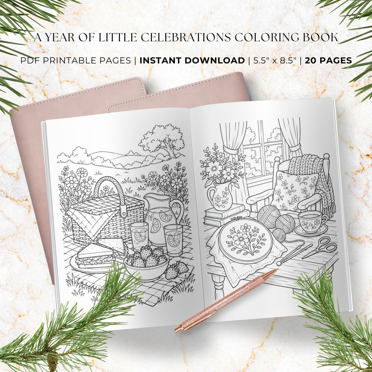 A digital coloring book cover mockup showing an open book with black-and-white line drawings of picnic and indoor cozy scenes, with a pink notebook and rose gold pencil on a marble surface, plus pine branches around the edges. Text at the top reads 'A Year of Little Celebrations Coloring Book' and 'PDF Printable Pages | Instant Download | 5.