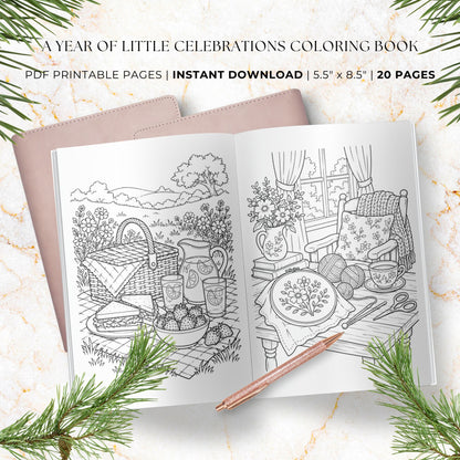 A digital coloring book cover mockup showing an open book with black-and-white line drawings of picnic and indoor cozy scenes, with a pink notebook and rose gold pencil on a marble surface, plus pine branches around the edges. Text at the top reads 'A Year of Little Celebrations Coloring Book' and 'PDF Printable Pages | Instant Download | 5.