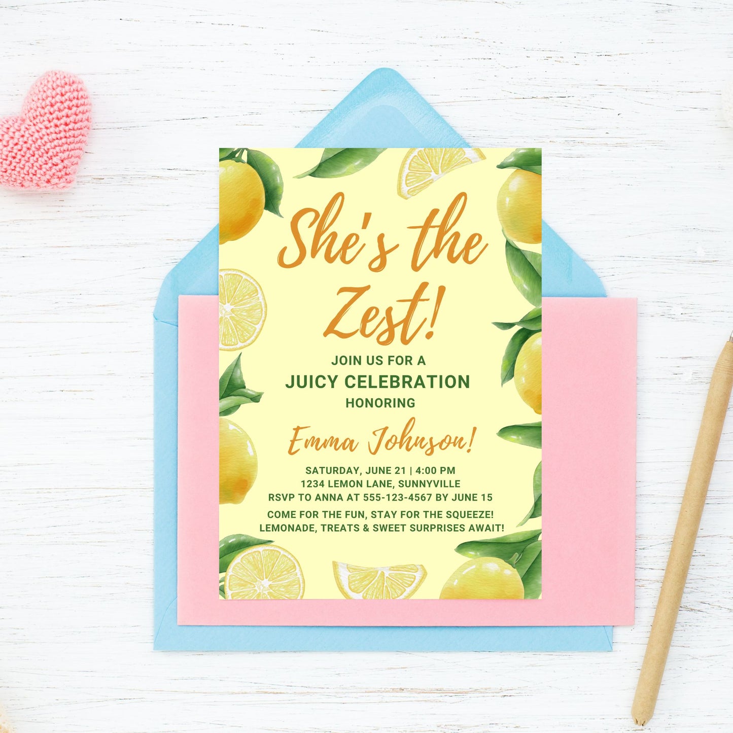 Watercolor lemon-themed invitation titled “She’s the Zest” with editable details for a summer celebration, surrounded by juicy lemons and citrus slices