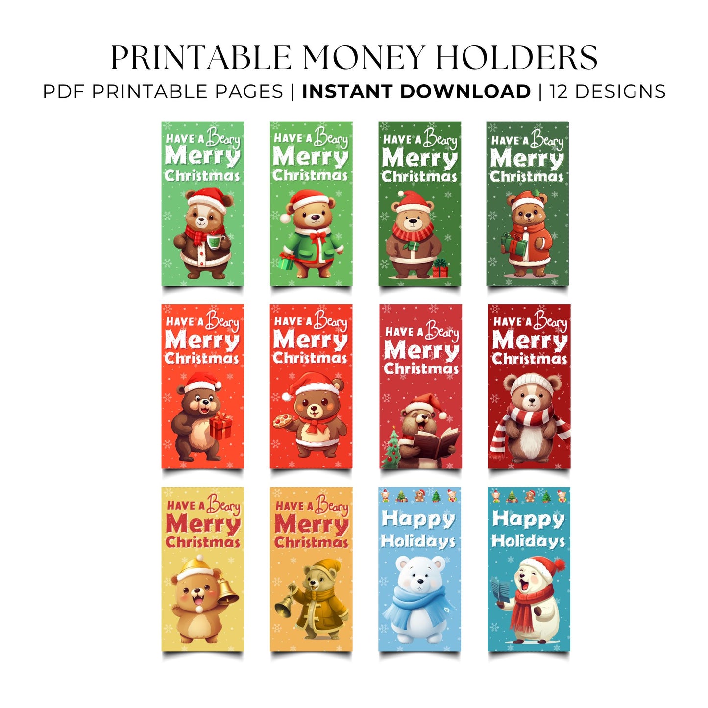Printable Christmas money holders with cute bears – 12 festive holiday cash and gift card envelope designs.