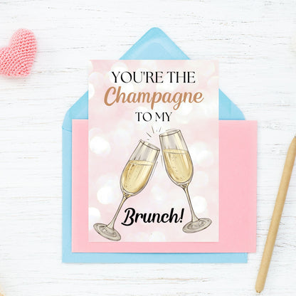 A printable Galentine’s Day greeting card featuring a chic champagne and brunch theme, with the phrase "You’re the Champagne to My Brunch." A 5x7-inch design, perfect for best friends, brunch lovers, and Galentine’s celebrations, available as an instant download.