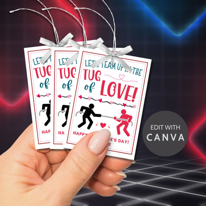 Tug-of-war-themed printable Valentine’s Day gift tags with the message "Let’s Team Up in the Tug of Love!" featuring customizable name options. Perfect for kids, coworkers, and loved ones.